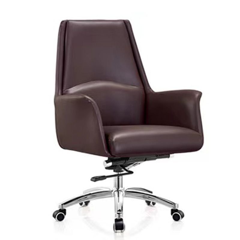 Minimalist Adjustable Back Angle Swivel Ergonomic Brown Leather Task Chair with Rollers and Arms, Brown, Without Headrest