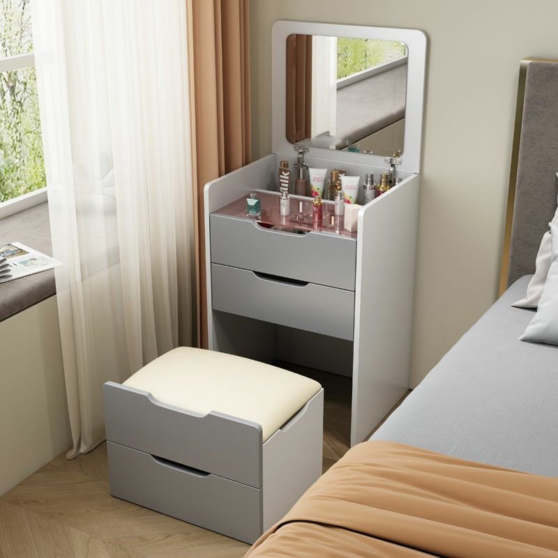 Collapsible Floor Vanity No Floating Built In Makeup Vanity with Push-Pull Drawers Bedroom, Dividers Included, Makeup Vanity & Stools, White-Gray, 24"L x 16"W x 31"H