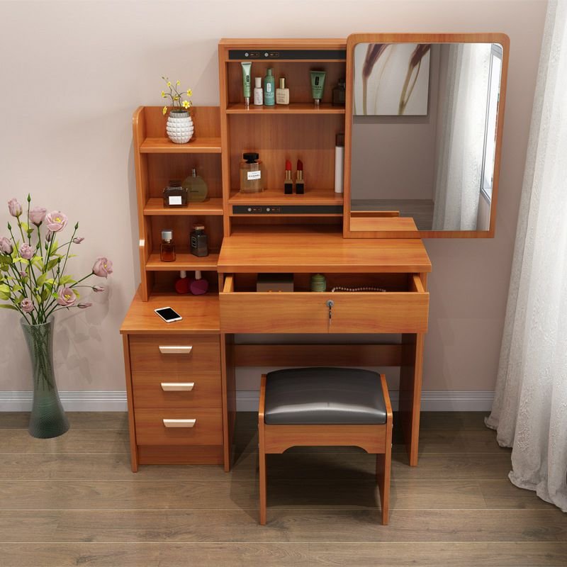 No Floating Brown Composite Wood Floor Vanity with Tabletop Storage & Sliding Drawers Bedroom, Makeup Vanity & Stools, Brown, Left
