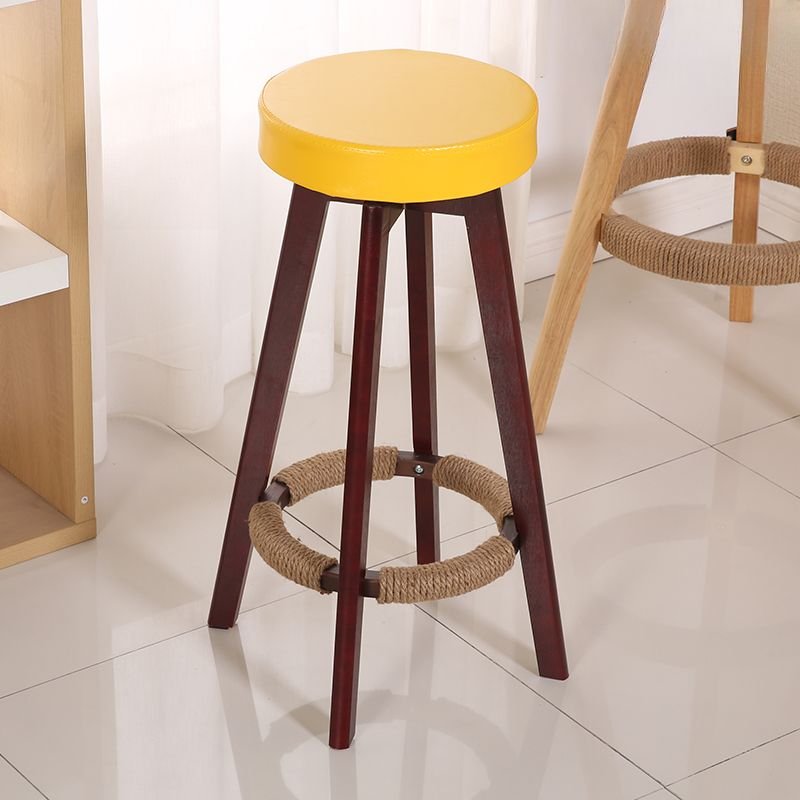 Butter Color Modish Calfskin Round Pub Stool with Swivel and Foot Platform for Home Bar, Yellow, Brown