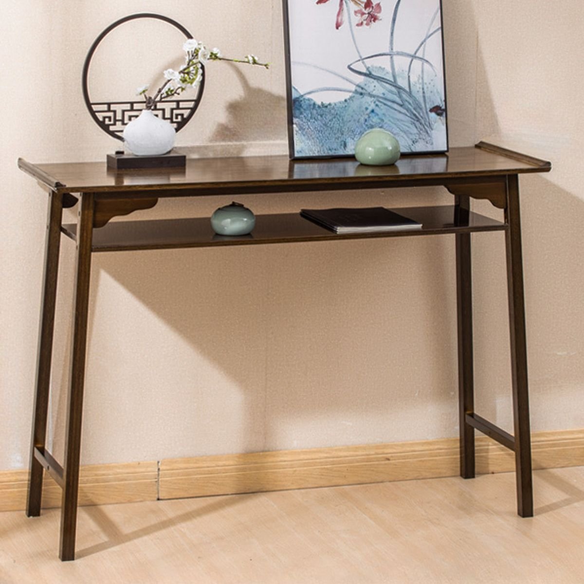 Bamboo Console Desk with Trestle Base and Storage Shelf, Drawer Not Included