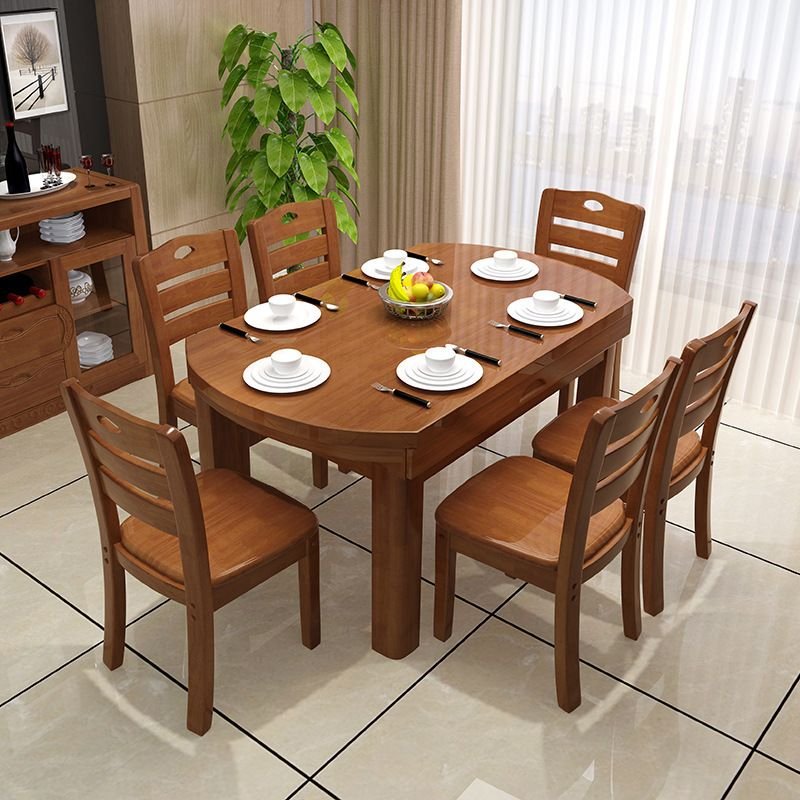 Wood Expandable Dining Table Set with Espresso Finish Ladder Back Chairs for 6 People, Table & Chair(s), 7 Piece Set, 54.3"L x 33.9"W x 29.5"H