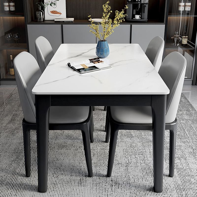 5 Piece Set Fixed Rectangle Dining Table Set with a White Slate Stone Tabletop, Padded Chair and Full Back for 4 People, Table & Chair(s), Black, 51.2"L x 31.5"W x 29.5"H