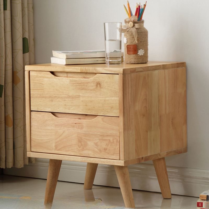 2 Drawers Nordic Natural Wood Drawer Storage Bedside Table with Leg, Natural, Tilted Leg