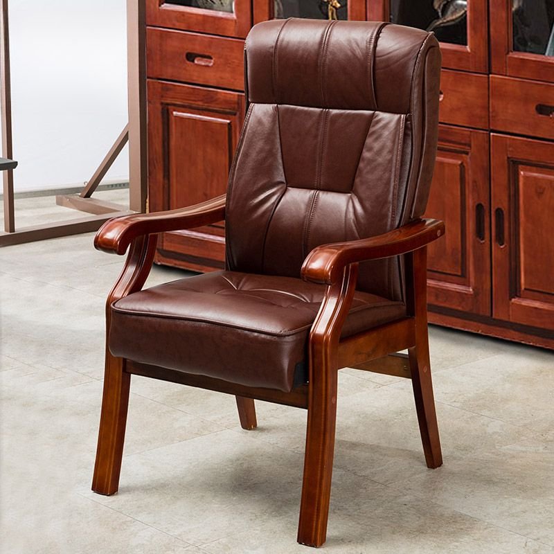 Art Deco Sepia Calfskin Ergonomic Task Chair with Armrest and Wood Legs, Brown, Faux Leather