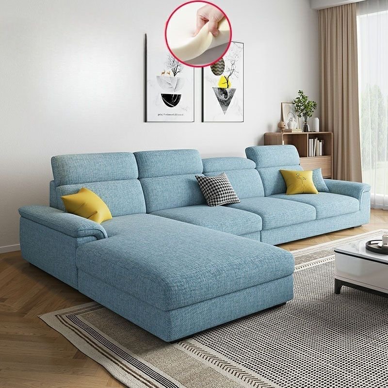 Seats 5 Modern Left Hand Facing L-Shape Sofa Recliner with Natural Wood Frame, Cotton and Linen, Light Blue, Sponge