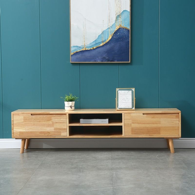 Modern Simple Style Rectangular Lumber TV Stand with Visible Storage, Shelf and 2 Drawers for Drawing Room, Wood Color, 63"L x 12"W x 22"H