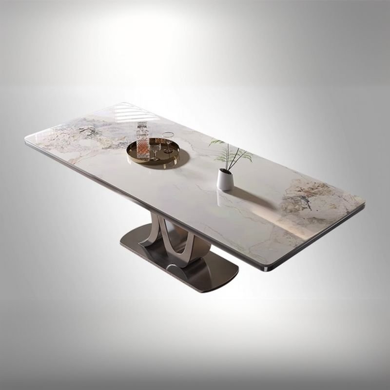 Art Deco Rectangle Fixed Table Dining Table Set with Stump Base and a Slate Tabletop in White, Table, 1 Piece, White-Gray, 70.9"L x 33.5"W x 29.5"H