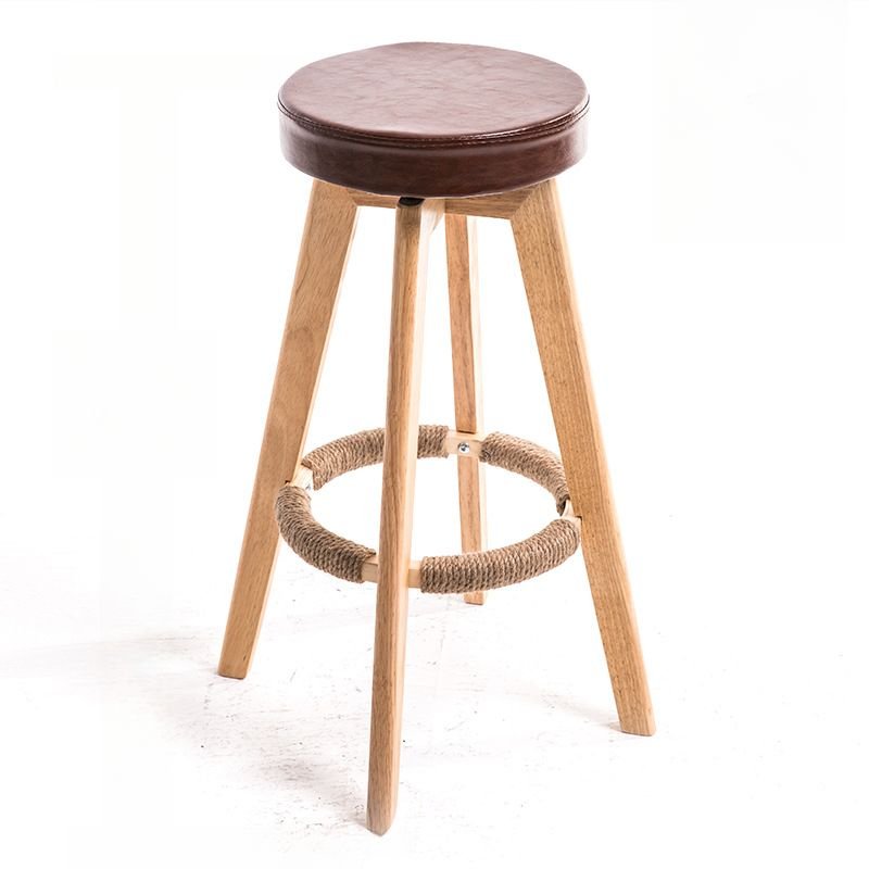 Round Top Rotating Stools Minimalist Tawny Pu Leather Turned Bistro Stool with Leg Rest, Brown, Natural