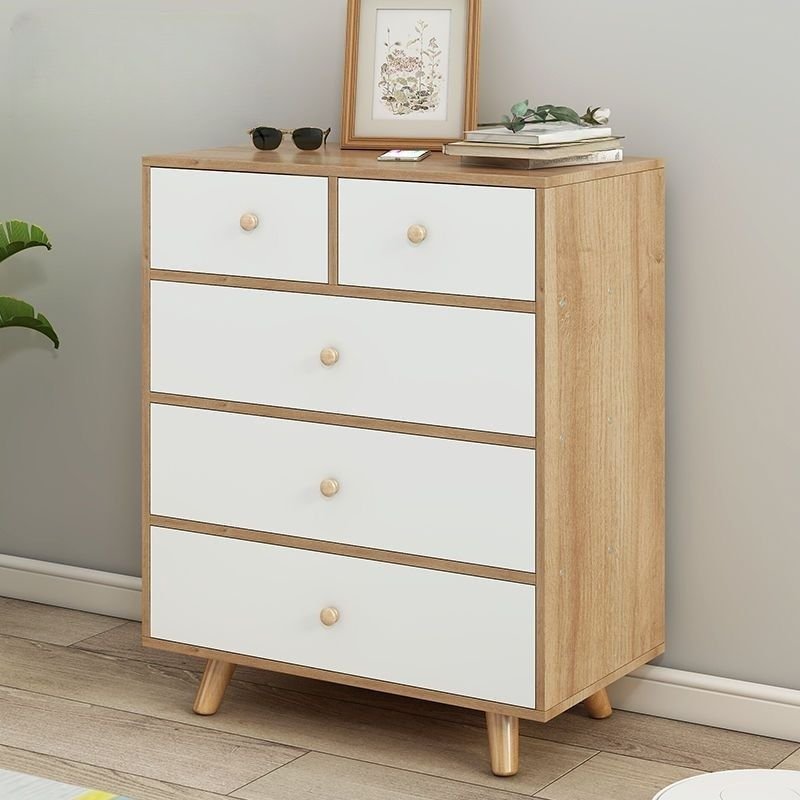 Wood Unattached Sideboard with 5 Drawers and Natural 4 Legs in a Nordic Style, Natural/ White, 24"L x 15"W x 31"H