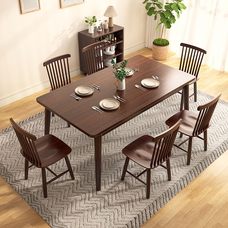 Windsor Back Brown Wood Dining Table Set with Rubberwood Top, Seats 6, 7 Piece Set, 51.2"L x 31.5"W x 29.5"H, 33.9"H x 17.7"W x 17.7"D, Table & Chair(s)