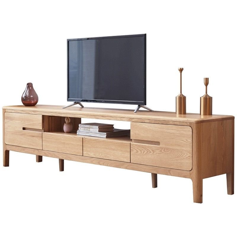 Contemporary Rectangular Natural Finish TV Stand in Oak with Gate and Open Shelving, Wood Color, 71"L x 14"W x 18"H