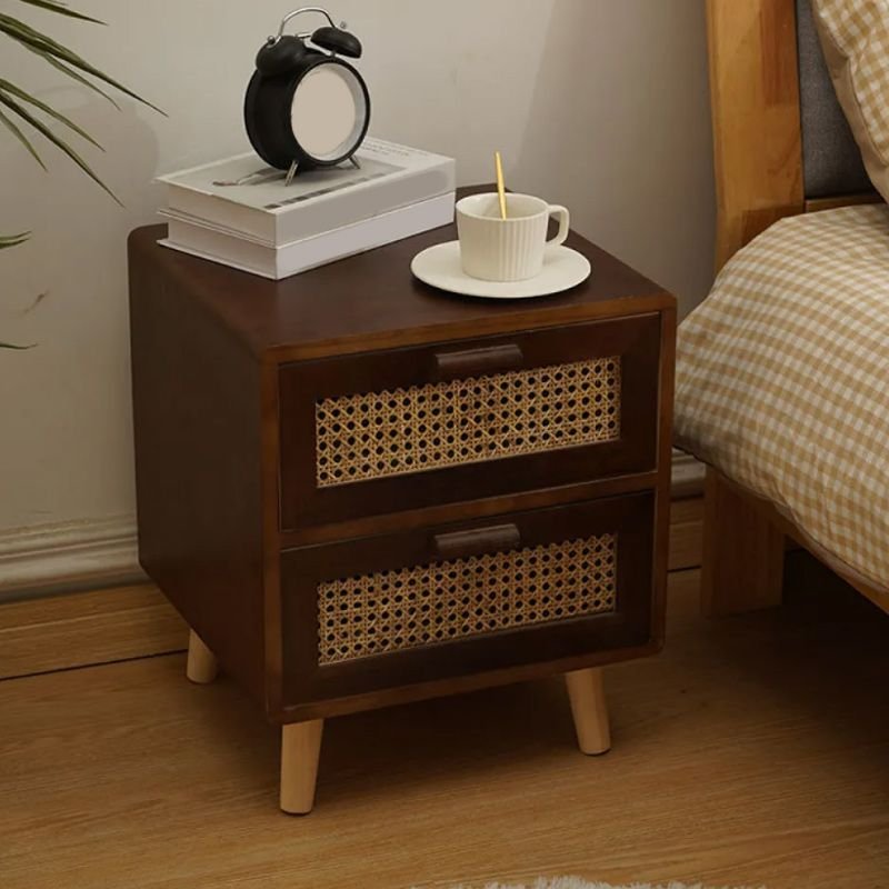 Trendy Wood Top Woven Drawer Storage Bedside Table with 2 Tiers, Black Walnut