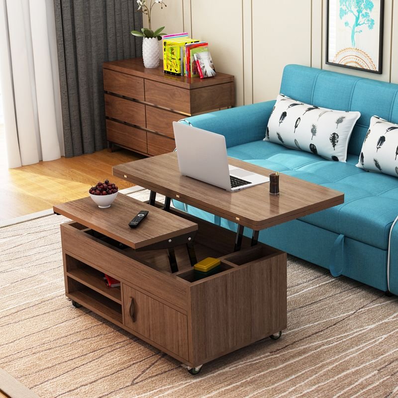 1 Cabinet Square Plywood Lift Top Coffee Table To Dining Table with Wheel, Roller Wheels & Locker, Walnut