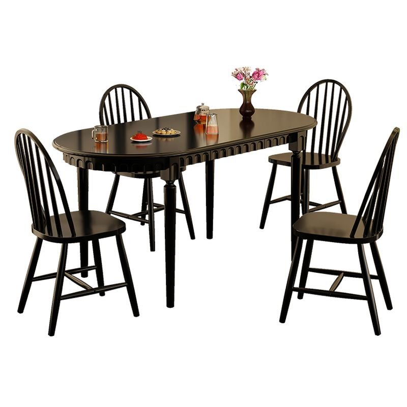 Vintage Elliptical Natural Wood Dining Table Set in Dark Wood with Locker and Windsor Back Chairs for 4 People, 55.1"L x 31.5"W x 29.5"H, Non-Upholstered Chair(s), 5 Piece Set, Table & Chair(s)