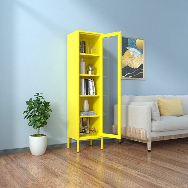 Yellow Iron Water-resistant Utility Cabinet Living Room, 15.7"L x 13.8"W x 70.9"H, High Leg, Tempered Glass, Yellow