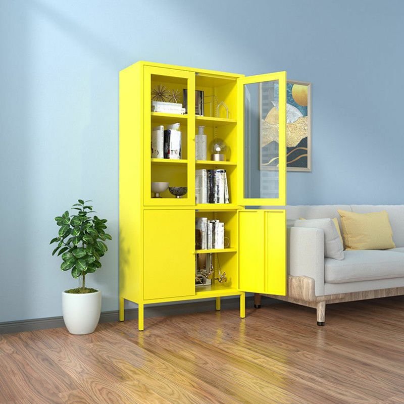 Yellow Iron Waterproof Accent Cabinet Living Room, 27.6"L x 13.8"W x 70.9"H, High Leg, Glass & Iron, Yellow