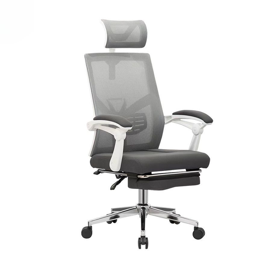 Minimalist Ergonomic Upholstered Office Chairs in Grey with Arms, Footrest and Headrest, Gray-White, Steel, Casters Included