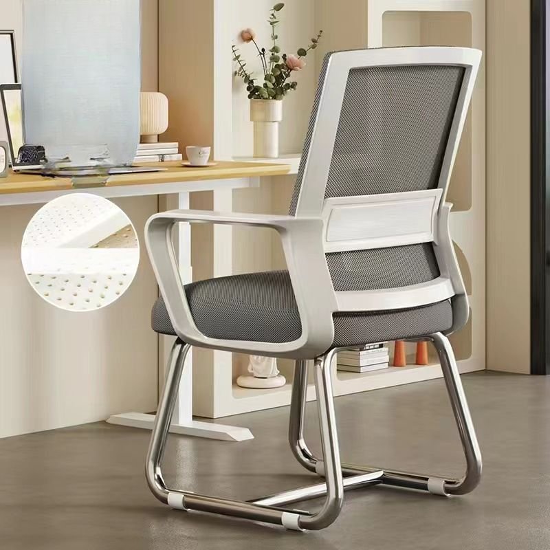 Minimalist Ergonomic Upholstered Chalk Lumbar Support Study Chair with Arms, White-Gray, Electroplate, Sponge