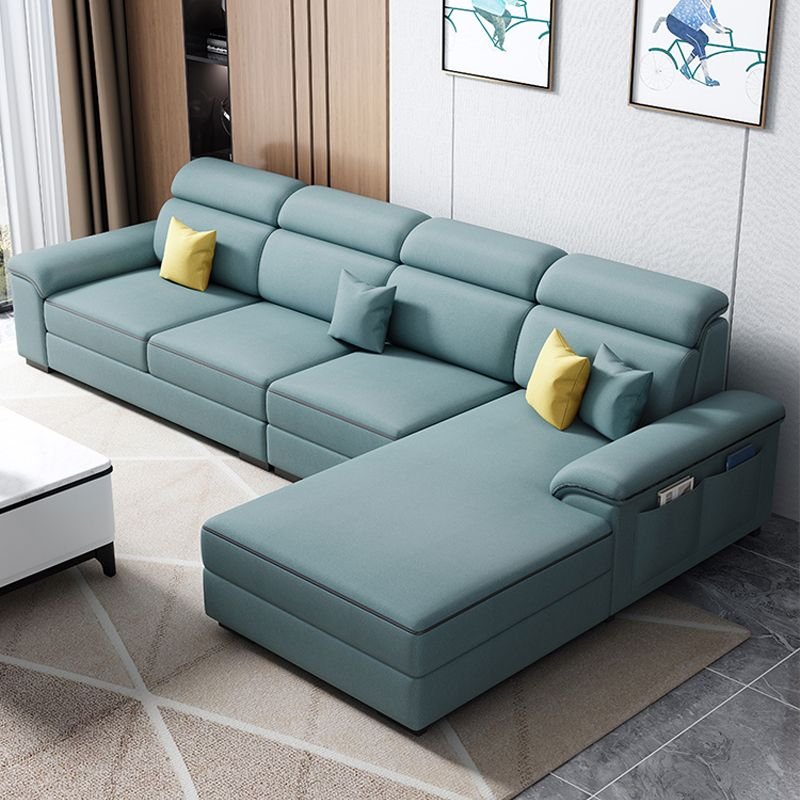 Right L-Shape Sofa Recliner with Concealed Support & Natural Wood Frame, Tech Cloth, Light Blue
