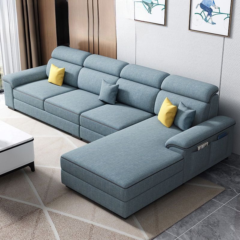 Right L-Shape Sofa Chaise with Concealed Support & Pine Frame, Cotton and Linen, Light Blue