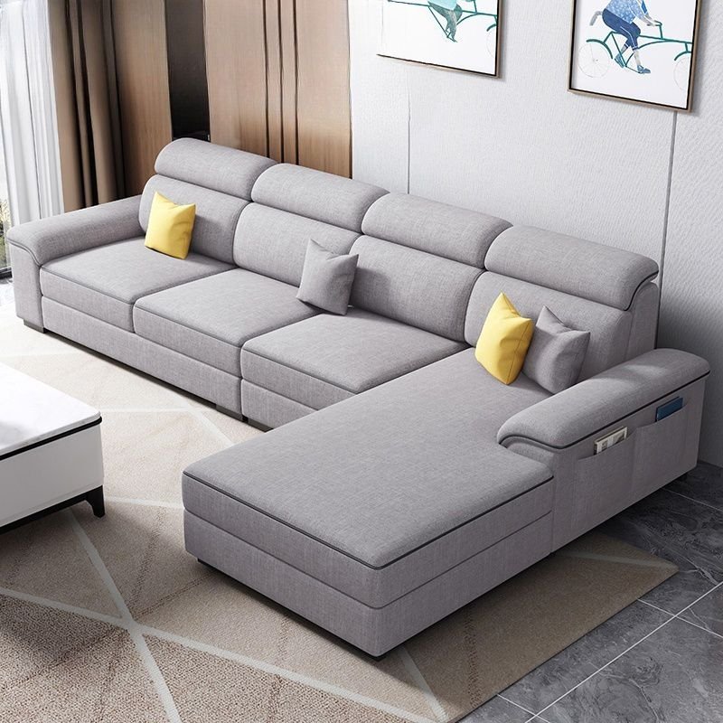 Right L-Shape Sofa Recliner with Concealed Support & Natural Wood Frame, Cotton and Linen, Light Gray