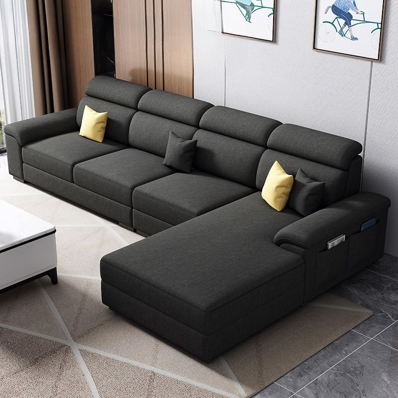Right L-Shape Sofa Chaise with Concealed Support & Pine Wood Frame, Cotton and Linen, Dark Gray