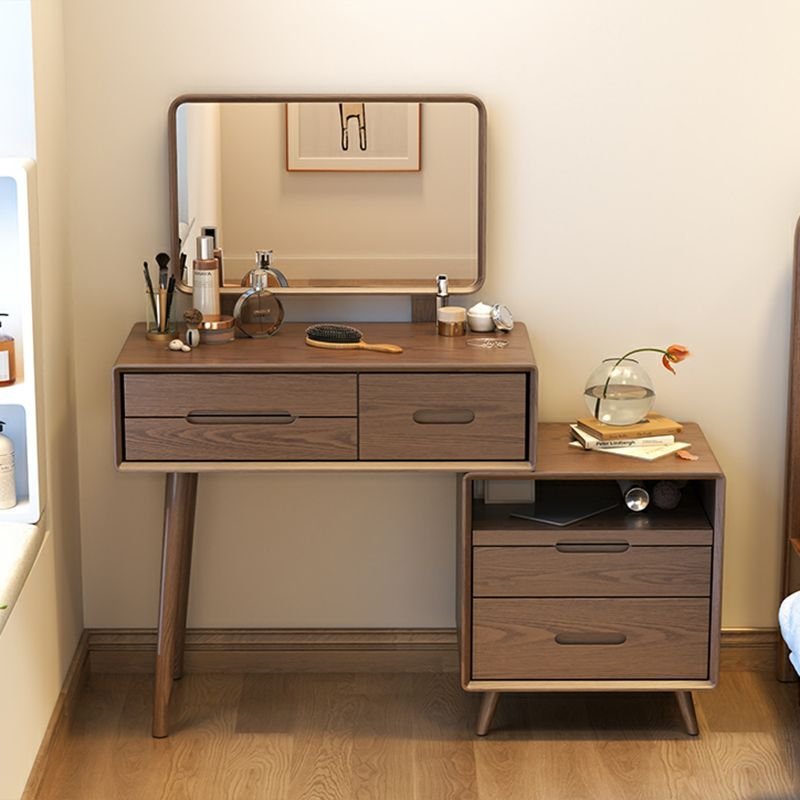Natural Wood No Floating Scalable Floor Vanity with Push-Pull Drawers Bedroom, Makeup Vanity & Mirror, Nut-Brown, 31"L x 16"W x 46"H
