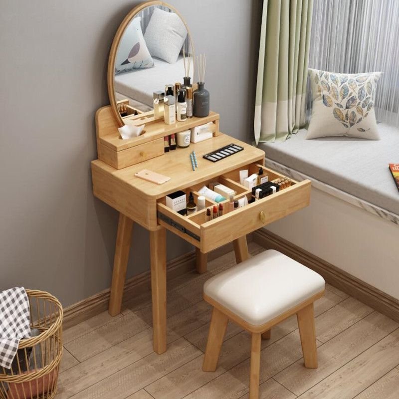 Modern Simple Style Rubberwood Push-Pull Tabletop Storage Floor Vanity for Bedroom, No Suspended, Dividers Included, Makeup Vanity & Stools, Natural, 24"L x 16"W x 55"H