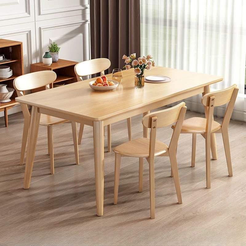 Casual Rubberwood Rectangular Fixed Dining Table Set with Natural 4 Legs Table and Windsor Back Chairs, Table & Chair(s), 5 Piece Set, 31.5"H x 18.9"W x 18.9"D, 59.1"L x 31.5"W x 29.5"H