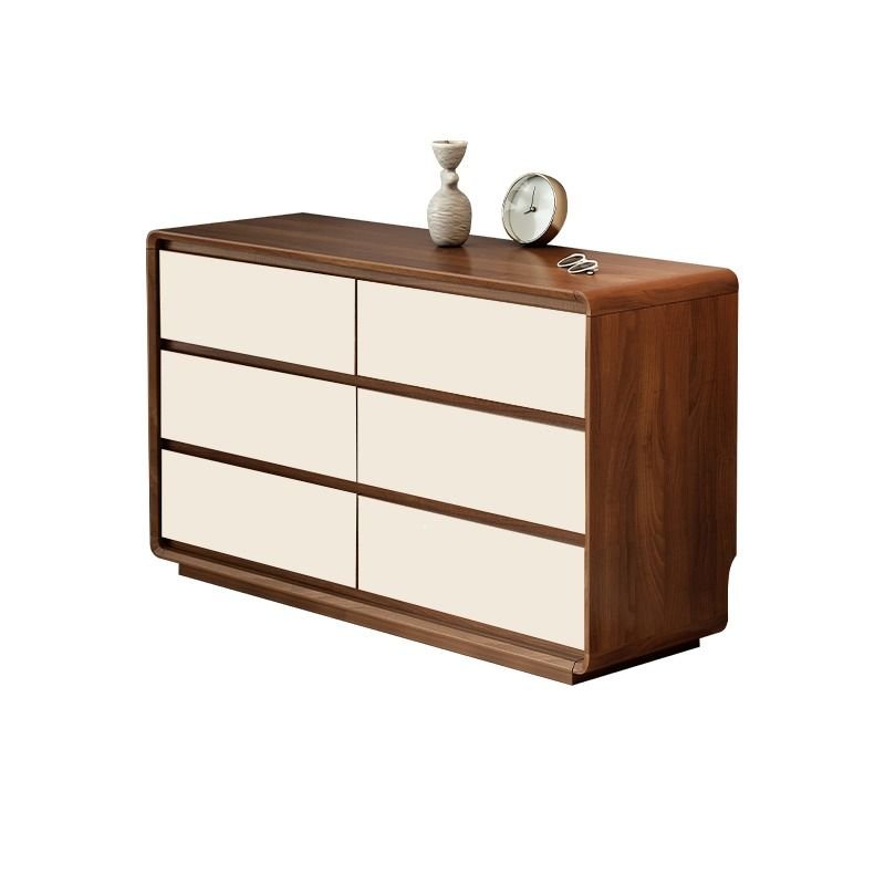 Art Deco Horizontal Console Dresser Lumber with 6 Drawers for Sleeping Room, Walnut/ White, 47"L x 16"W x 27.5"H