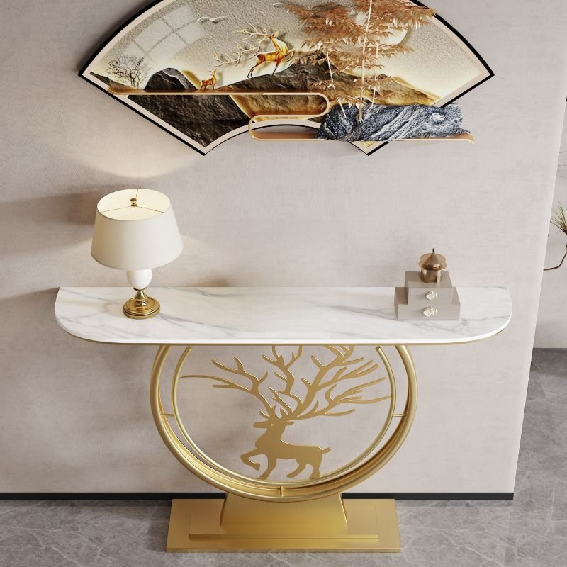 Self-supporting Half Moon Hallway Table - 1 Piece Set, 39"L x 12"W x 31"H, Gold, White