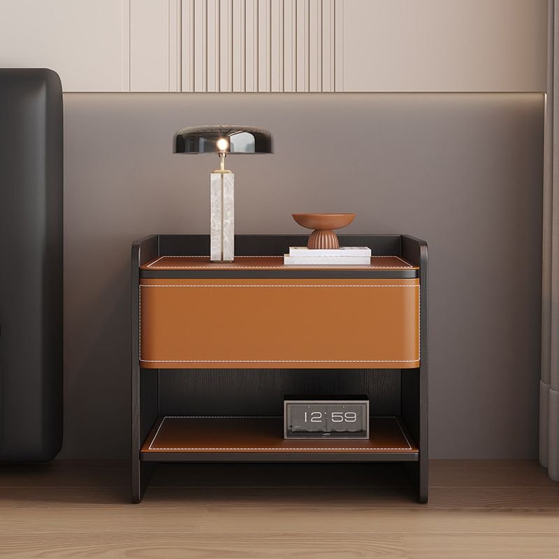 1 Tier Contemporary Pu Leather Open Shelf Nightstand with 1 Drawer, Orange/ Black