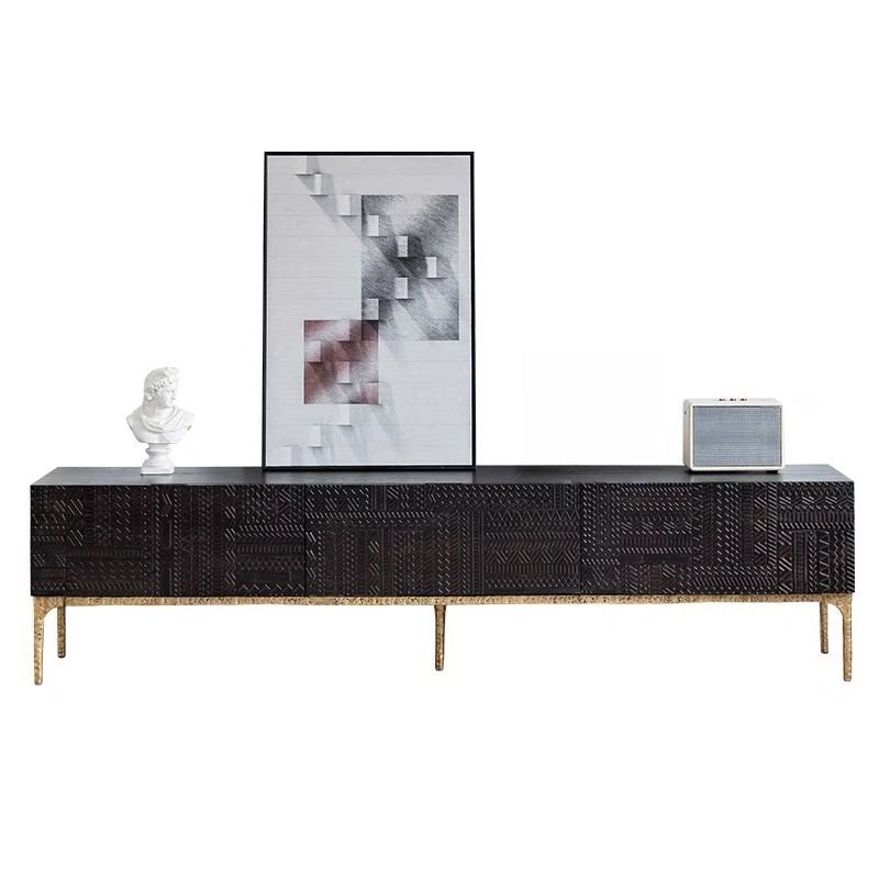 Simplistic Charcoal Rectangle TV Stand in Lumber with Hutch, 2 Drawers and Cable Management, Gold, 79"L x 18"W x 20"H