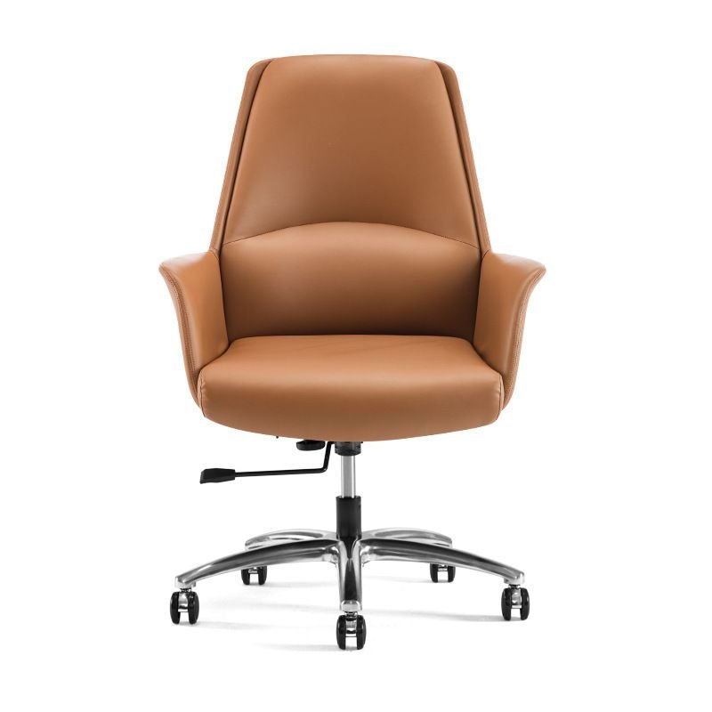Minimalist Lifting Rotatable Brown Faux Leather Ergonomic Office Furniture with Arms and Casters, Light Brown, Without Headrest