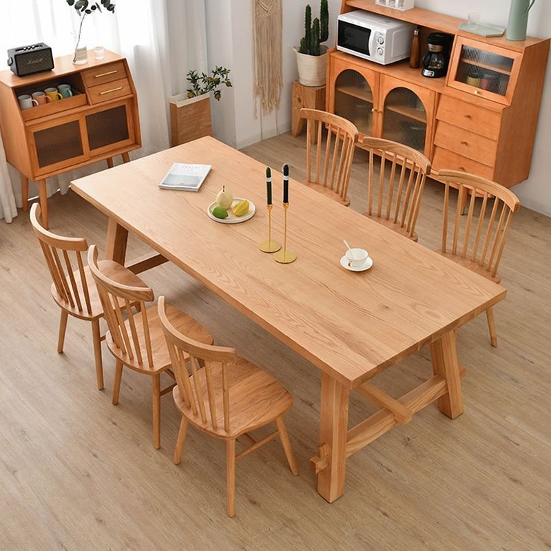 Casual Trestle Solid Wood Rectangle Dining Table Set with Unfinished Windsor Back Chairs for 6 People, 7 Piece Set, 82.7"L x 35.4"W x 29.5"H, Table & Chair(s)