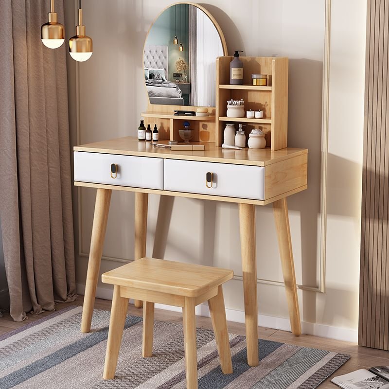 Natural Wood Tabletop Storage Push-Pull Vanity, No Suspended, Makeup Vanity & Mirror & Stools, Natural Wood/ White