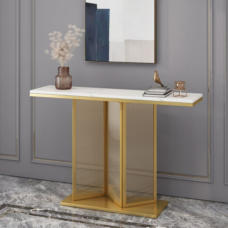 1 Piece Minimal Rectangular White Scratch Resistant Stone Top Abstract Foyer Table , Gold, 39"L x 12"W x 31"H