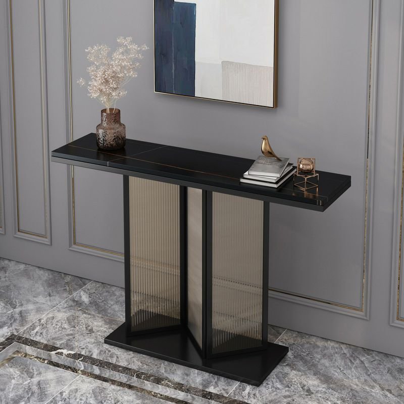Stylish Rectangular Scratch Resistant Stone Aesthetic Entrance Table, 1 Piece Set, Black, Black/ Gold, 47"L x 12"W x 31"H