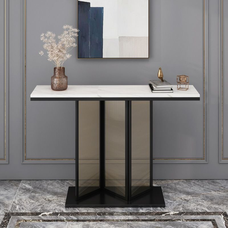 1 Piece Modern Rectangular White Scratch Resistant Stone Top Abstract Console Desk, Black, 31"L x 12"W x 31"H