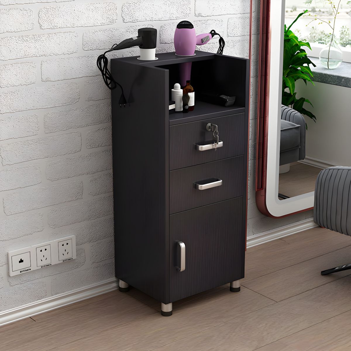 Modern Narrow Portable Hair Salon Station With Drawers for Hair Stylist - Black