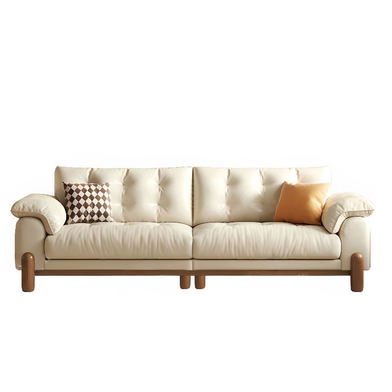 Casual Straight Horizontal Stitch-tufted Sofa Couch in Cream with Tufted Back and Ash Wood Frame, Genuine Leather, 110"L x 39"W x 38"H