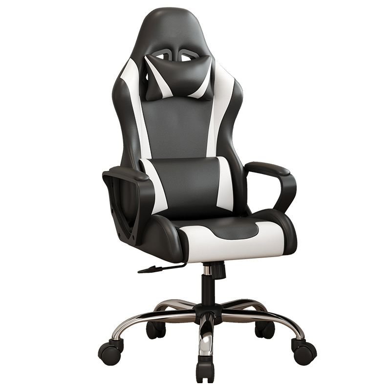 Casual Tilt Lock Ergonomic Lifting Rotatable Black Leather Gaming Chair with Pillow, Fixed Arms and Casters, Black and White