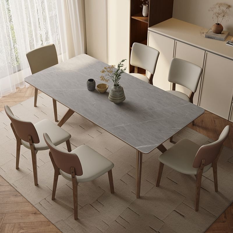 Casual Fixed Dining Table Set with Medium Wood 4 Legs Slate Rectangular Table and Chairs with Back, Table & Chair(s), 7 Piece Set, 55.1"L x 31.5"W x 29.5"H