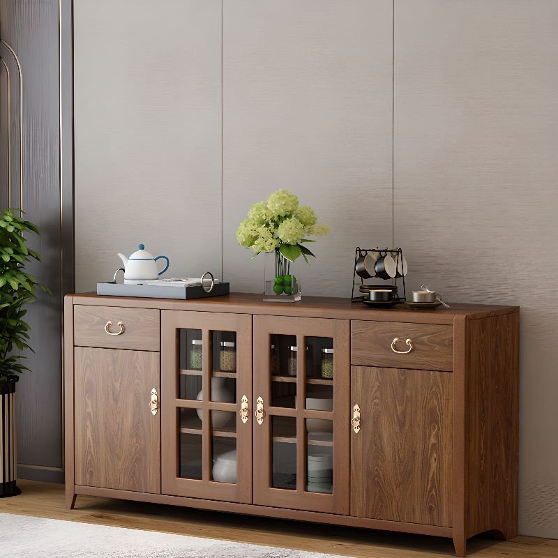 2 Drawers Sepia Timber Standard Sideboard with Glazed Door Adaptable Shelf & Cabinets, 63"L x 16"W x 32"H