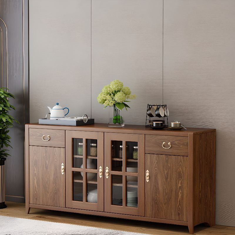 2 Drawers Cocoa Lumber Standard Sideboard with Glass-panel Door Variable Shelf & Pantry Hutch, 55"L x 16"W x 32"H