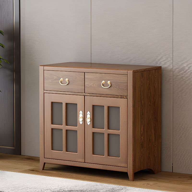 2 Drawers Cocoa Timber Narrow Sideboard with Glass-panel Door Adjustable Shelving & Functional Storage Cabinet, 31"L x 16"W x 32"H