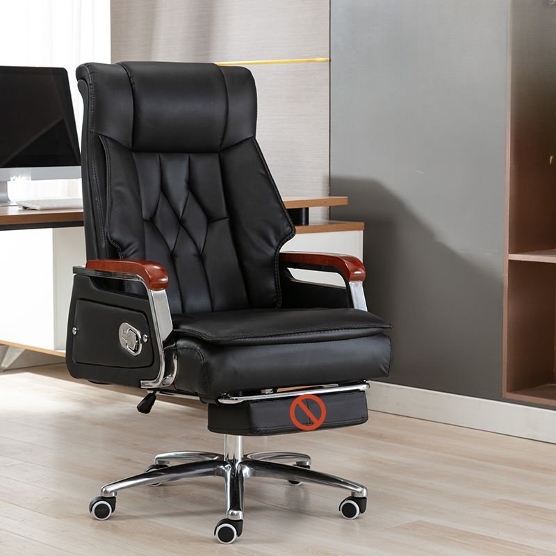 Adjustable Back Angle Tanned Hide Ink Lifting Swivel Reclining CEO Chair with Headrest, Fixed Arms and Swivel Wheels, Black, Without Footrest, PU (Polyurethane)