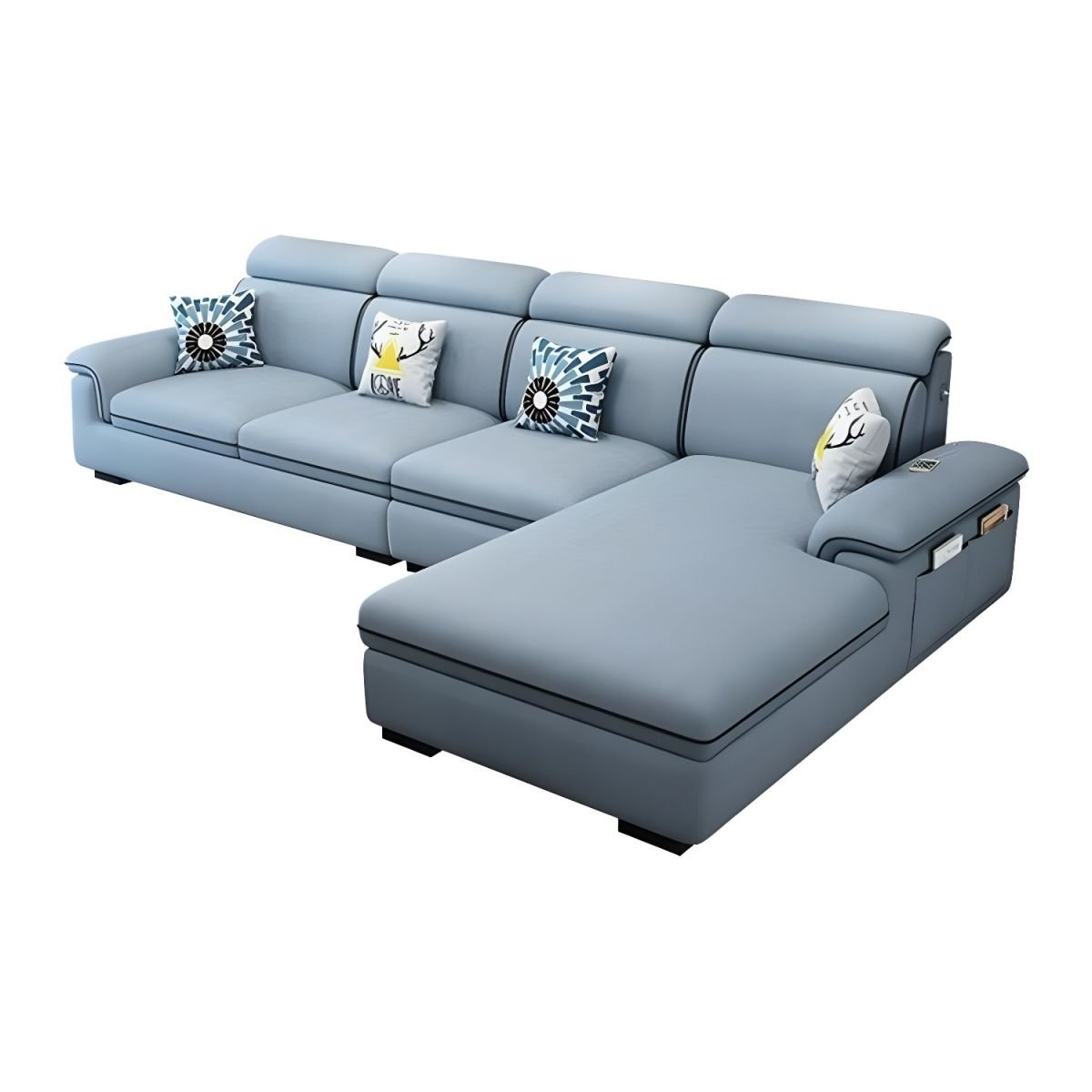 Wooden Modern 9 Feet L-Shape Sectionals No Distressing Seats 4 Storage Included Sofa Chaise - Linen Light Blue Right