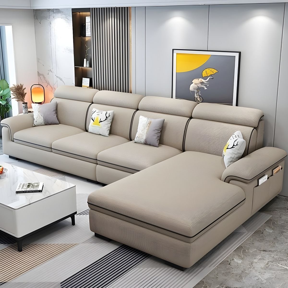 Wooden Modern 9 Feet L-Shape Sectionals No Distressing Seats 4 Storage Included Sofa Chaise - Linen Khaki Right